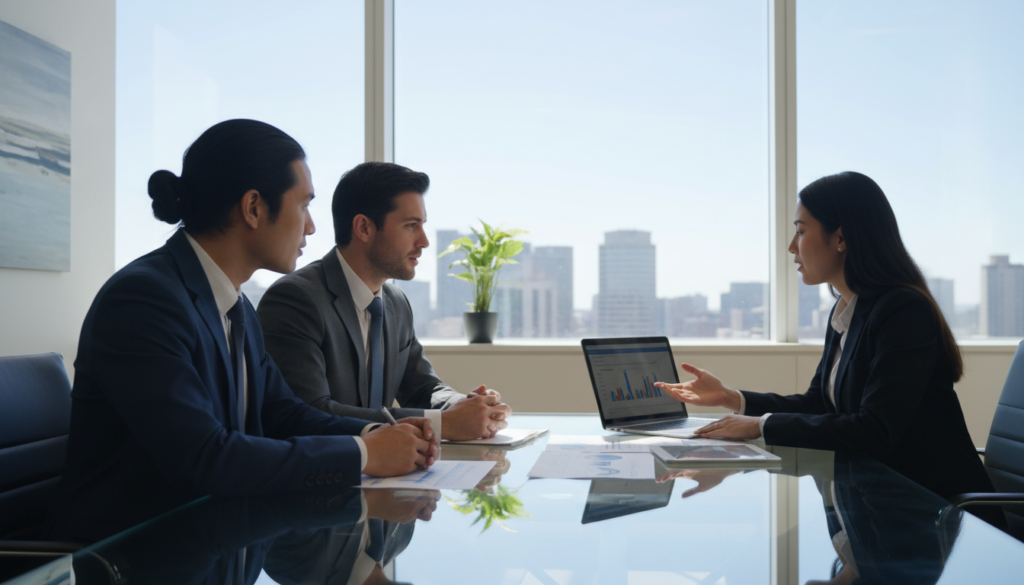 A modern corporate banking environment featuring a professional meeting room. In the foreground, a diverse group of three clients dressed in business attire—two men and one woman—are reviewing financial documents and discussing trust accounts with a bank representative. They are seated around a sleek glass table, with financial charts and a laptop visible. The middle of the image showcases a large window allowing natural light to illuminate the space, casting subtle reflections. The background includes stylish office decor and a city skyline view, creating an atmosphere of trust and professionalism. The lighting is bright and welcoming, enhancing the focus on the clients' engaged expressions. The image has a photorealistic quality that emphasizes a sense of security and collaboration in corporate banking. A modern corporate banking environment featuring a professional meeting room. In the foreground, a diverse group of three clients dressed in business attire—two men and one woman—are reviewing financial documents and discussing trust accounts with a bank representative. They are seated around a sleek glass table, with financial charts and a laptop visible. The middle of the image showcases a large window allowing natural light to illuminate the space, casting subtle reflections. The background includes stylish office decor and a city skyline view, creating an atmosphere of trust and professionalism. The lighting is bright and welcoming, enhancing the focus on the clients' engaged expressions. The image has a photorealistic quality that emphasizes a sense of security and collaboration in corporate banking.