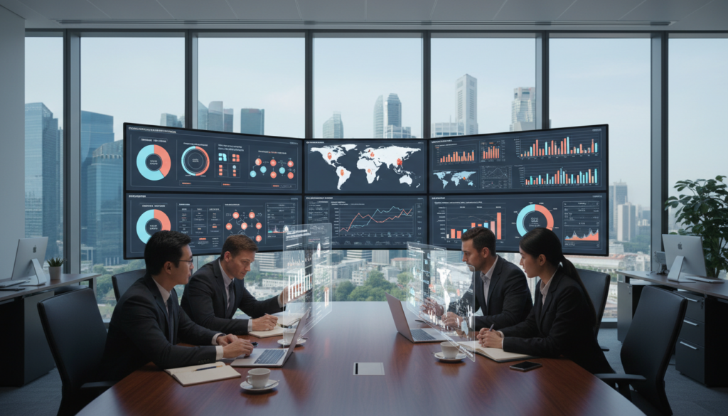 A modern corporate office space focused on risk assessment for remote operations. In the foreground, a diverse team of business professionals in formal attire, engaged in an intense discussion around a sleek conference table with laptops and charts displayed. In the middle, various digital screens showcasing risk management metrics, graphs, and a world map indicating remote locations. The background features large glass windows with a cityscape view of Singapore, bathed in natural light that creates a bright, optimistic atmosphere. The overall mood is one of professionalism and diligence, emphasizing the critical nature of enterprise risk management. Photorealistic style with precise detailing, focused lighting to highlight the team’s expressions and the technology in use.