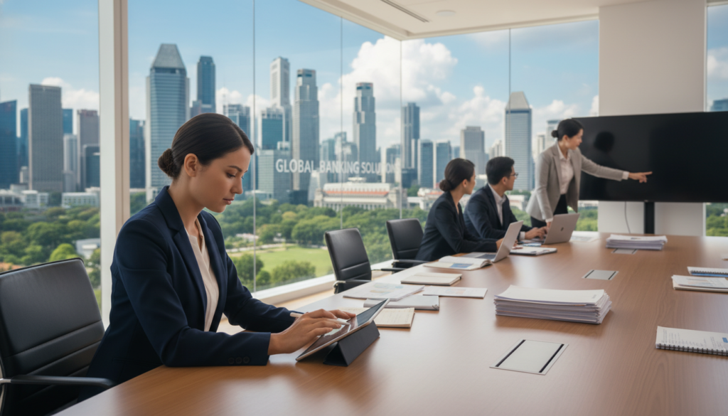 A modern corporate workspace illustrating account controls for corporate and foreign business banking relationships. In the foreground, a professional-looking woman in business attire is reviewing digital reports on a sleek tablet. In the middle ground, a large conference table displays financial documents and laptops, symbolizing collaborative decision-making. The background features a glass wall with a skyline view of Singapore, incorporating subtle elements like tall buildings and greenery, enhancing the business atmosphere. The overall lighting is bright and inviting, with natural light flooding in from the windows, creating a productive and focused mood. The scene is captured at eye level with a shallow depth of field, emphasizing the subjects while softly blurring the background.