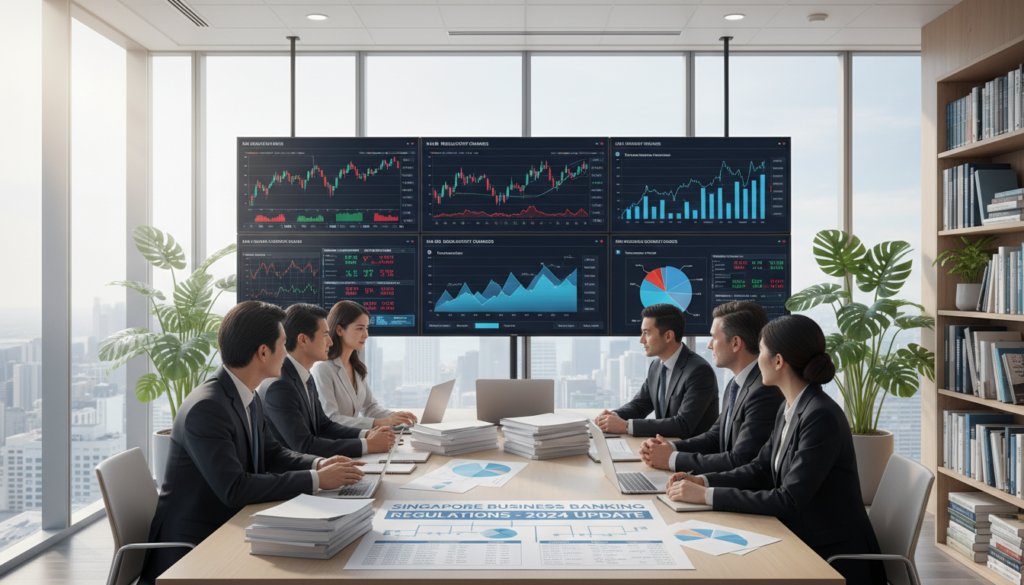 A modern financial institution office setting, bathed in natural light filtering through large glass windows. In the foreground, a diverse group of professionals in business attire, including men and women of various ethnicities, engage in a discussion around a sleek conference table cluttered with financial documents, laptops, and charts showcasing business banking regulations. In the middle ground, large screens display graphs and financial data related to Singapore's banking regulations, illustrating an atmosphere of analysis and collaboration. In the background, a well-organized bookshelf features financial law books and industry reports, while potted plants add a touch of freshness. The overall mood is one of diligence and professionalism, emphasizing the importance of oversight in the financial sector. The image is photorealistic, captured from a slightly elevated angle to provide a comprehensive view of the space.