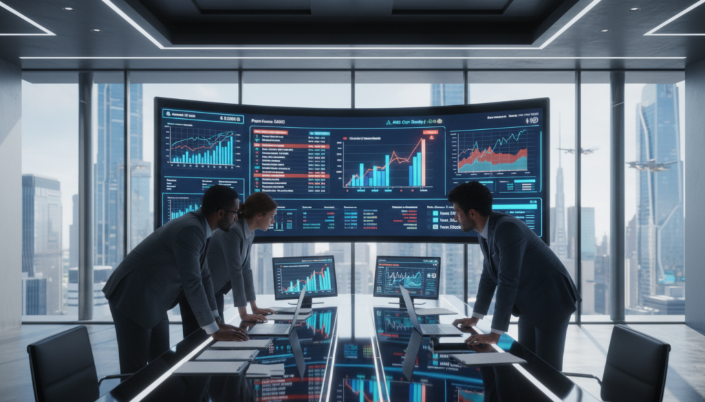 A modern, high-tech financial office scene depicting real-time payments decisioning. In the foreground, a diverse group of three professionals in professional business attire, focused on a large digital dashboard displaying graphs, transaction data, and compliance alerts in vibrant colors. In the middle, a sleek conference table with laptops and financial analysis documents, with glowing screens projecting real-time payment statistics. The background showcases a futuristic city skyline through large glass windows, symbolizing economic vibrancy. Natural sunlight floods the room, casting dynamic shadows. The mood is intense yet collaborative, with a sense of urgency in the atmosphere, reflecting high-stakes decision-making processes in banking compliance. Shot from a slightly elevated angle to capture the entire scene, emphasizing the integration of technology and teamwork.