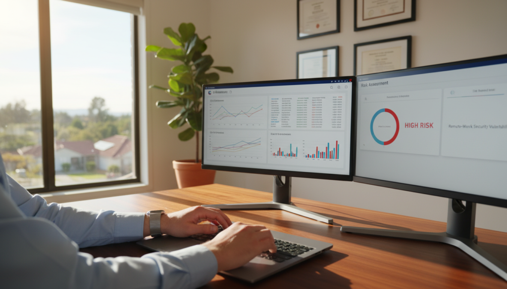 A modern home office setting bathed in warm sunlight, showcasing a professional workspace that includes a sleek desk with dual monitors displaying data analytics and risk assessment graphs. In the foreground, a pair of hands, wearing a smart watch, are engaged in typing on a laptop, exuding a sense of productivity and focus. The middle background features a wall adorned with framed certifications and a potted plant for a touch of greenery, creating a balanced atmosphere. The outer background reveals a glimpse of a serene neighborhood through a large window, suggesting remote connectivity. The image is captured with a soft focus to emphasize the workspace, creating an inviting and professional mood, ideal for illustrating key remote-working risks in risk management services.