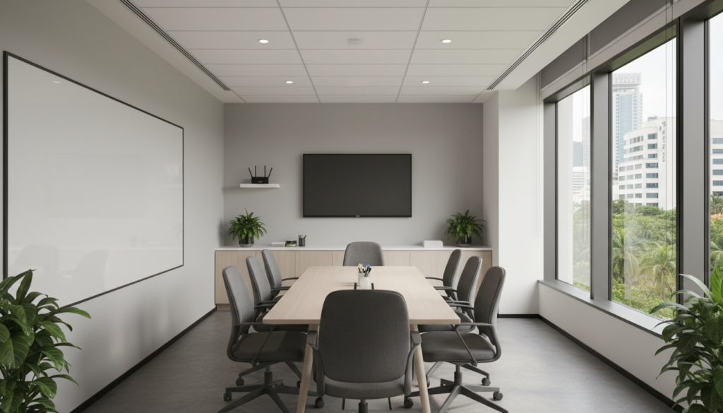 A modern meeting room designed for a virtual office in Singapore, featuring a large, clean whiteboard on one wall, a sleek conference table surrounded by comfortable ergonomic chairs, and a wall-mounted flat-screen display. Soft, natural light floods the room through large windows, casting an inviting ambiance. In the background, there is a modern credenza with stationary supplies neatly arranged. A Wi-Fi router is discreetly placed on a shelf, highlighting the room's amenities. The atmosphere is professional and conducive to collaboration, with muted color tones of gray and white, accented by touches of greenery from potted plants. A wide-angle perspective captures the entirety of the space, evoking a sense of productivity and comfort. A modern meeting room designed for a virtual office in Singapore, featuring a large, clean whiteboard on one wall, a sleek conference table surrounded by comfortable ergonomic chairs, and a wall-mounted flat-screen display. Soft, natural light floods the room through large windows, casting an inviting ambiance. In the background, there is a modern credenza with stationary supplies neatly arranged. A Wi-Fi router is discreetly placed on a shelf, highlighting the room's amenities. The atmosphere is professional and conducive to collaboration, with muted color tones of gray and white, accented by touches of greenery from potted plants. A wide-angle perspective captures the entirety of the space, evoking a sense of productivity and comfort.