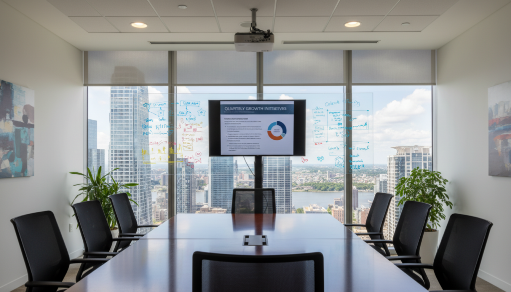 A modern meeting room designed for rental, showcasing a sleek, professional aesthetic. In the foreground, a large, polished wooden table surrounded by ergonomic chairs, each with subtle, stylish designs. The middle ground features a large, glass whiteboard filled with colorful diagrams, alongside a high-tech projector and a smart TV mounted on the wall displaying a business presentation. The background reveals a bright, sunlit city view through expansive windows, emphasizing a vibrant urban atmosphere. Soft, diffused lighting creates an inviting yet focused ambiance, highlighting the room's contemporary decor. The overall mood is one of collaboration and productivity, catering to businesses seeking flexible meeting solutions. A modern meeting room designed for rental, showcasing a sleek, professional aesthetic. In the foreground, a large, polished wooden table surrounded by ergonomic chairs, each with subtle, stylish designs. The middle ground features a large, glass whiteboard filled with colorful diagrams, alongside a high-tech projector and a smart TV mounted on the wall displaying a business presentation. The background reveals a bright, sunlit city view through expansive windows, emphasizing a vibrant urban atmosphere. Soft, diffused lighting creates an inviting yet focused ambiance, highlighting the room's contemporary decor. The overall mood is one of collaboration and productivity, catering to businesses seeking flexible meeting solutions.