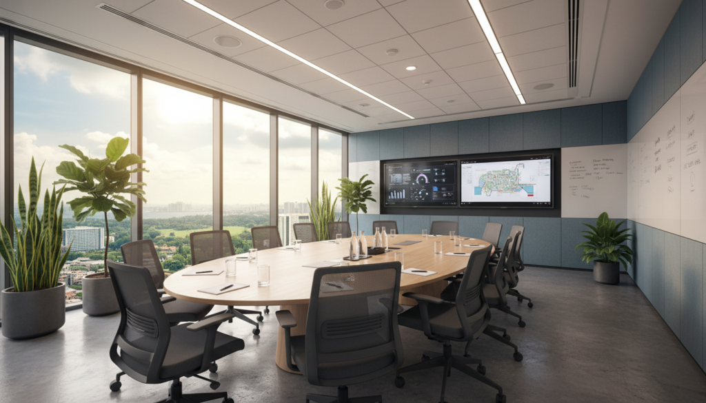 A modern meeting room in a sleek Singapore office, designed for optimal capacity and functionality. In the foreground, a large oval conference table surrounded by ergonomic chairs, set for a collaborative session. In the middle, an expansive glass wall providing a panoramic view of the city skyline, enhancing the professional atmosphere. Decorative greenery complements the space, adding a touch of nature. In the background, sophisticated digital displays and whiteboards, equipped for presentations and brainstorming. The room is well-lit with natural light streaming in, creating a warm and inviting mood, ideal for teamwork and innovation. Use a dynamic angle to capture the room's spaciousness, emphasizing its suitability for different meeting styles. The scene should be photorealistic, showcasing high-quality finishes and a polished, corporate environment. A modern meeting room in a sleek Singapore office, designed for optimal capacity and functionality. In the foreground, a large oval conference table surrounded by ergonomic chairs, set for a collaborative session. In the middle, an expansive glass wall providing a panoramic view of the city skyline, enhancing the professional atmosphere. Decorative greenery complements the space, adding a touch of nature. In the background, sophisticated digital displays and whiteboards, equipped for presentations and brainstorming. The room is well-lit with natural light streaming in, creating a warm and inviting mood, ideal for teamwork and innovation. Use a dynamic angle to capture the room's spaciousness, emphasizing its suitability for different meeting styles. The scene should be photorealistic, showcasing high-quality finishes and a polished, corporate environment.