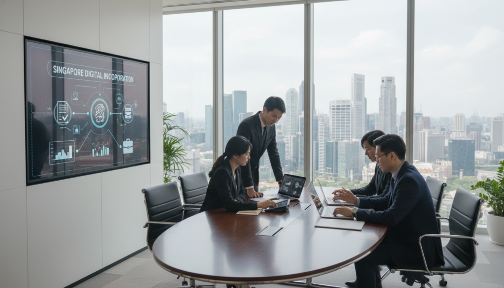 A modern office environment focused on digital company registration in Singapore. In the foreground, a diverse group of three professionals in smart business attire are collaborating around a sleek conference table, analyzing digital tablets and laptops displaying graphs and company details. In the middle ground, a large screen shows an animated infographic illustrating the process of digital incorporation, with icons representing legal paperwork and government portals. The background features panoramic windows with a view of Singapore's skyline, bright and airy with natural sunlight streaming in. The atmosphere conveys a sense of professionalism and innovation, ideal for a dynamic work setting. The image should be photorealistic, shot from a slightly elevated angle to capture the action and environment in detail.
