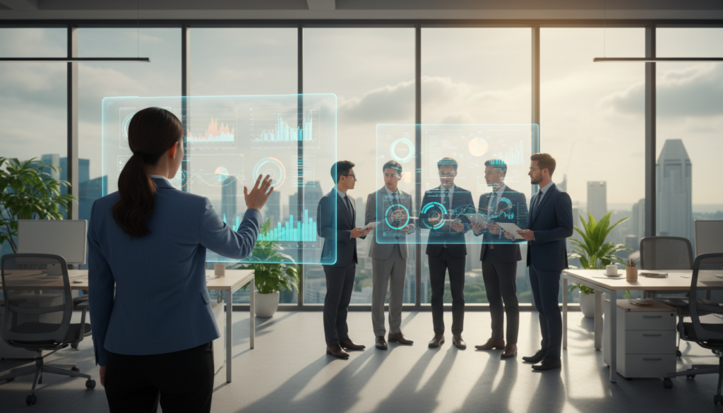 A modern office environment showcasing a diverse group of professionals analyzing real-time data on sleek, high-tech monitors. In the foreground, a woman in smart business attire interacts with a touch-screen display filled with colorful graphs and charts. In the middle, colleagues of various ethnic backgrounds are engaged in discussions, pointing to visual data projections that illuminate the space. The background features a panoramic view of Singapore’s skyline through large glass windows, with soft natural light filtering in. The atmosphere is dynamic and focused, reflecting innovation and collaboration in business. The composition is shot from a slightly elevated angle, providing a comprehensive view of the interaction.