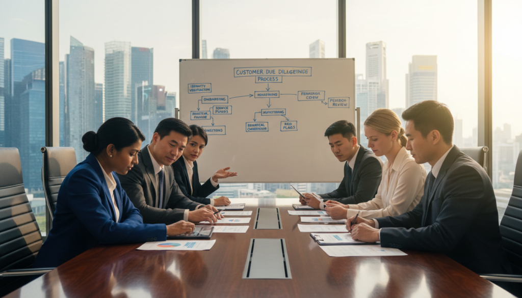 A modern office interior, featuring a sleek conference room table surrounded by professionals engaged in a detailed discussion about customer due diligence. In the foreground, a diverse group of three individuals, dressed in elegant business attire, examines documents and charts on tablets, showing a focus on compliance and risk mitigation. In the middle ground, a large whiteboard displays complex flowcharts and key compliance terms. The background features floor-to-ceiling windows with a view of Singapore’s financial district, bathed in soft, natural light that creates an optimistic atmosphere. Use a wide-angle lens to capture the entire scene, emphasizing collaboration and professionalism, evoking a sense of diligence and responsibility in a contemporary corporate setting.