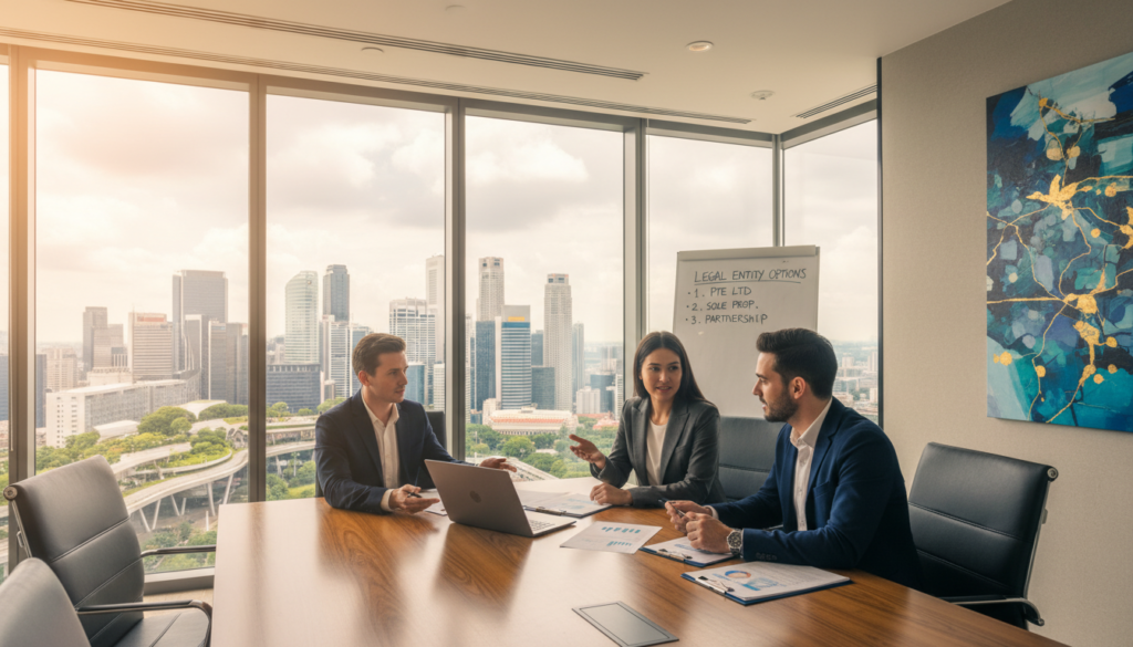 A modern office scene depicting a private limited company setting in Singapore. In the foreground, a diverse group of professionals, including a woman in a sleek business suit and a man in a tailored blazer, engaged in a discussion at a conference table, surrounded by documents and a laptop. The middle layer features a stylish office interior with glass windows showcasing Singapore's skyline, filled with tall buildings and greenery. The background includes artful decorations and a view of a bustling city. Soft, natural light filters in through the windows, creating a bright and inviting atmosphere. The overall mood is professional and collaborative, emphasizing the theme of choosing the right legal entity for business success.