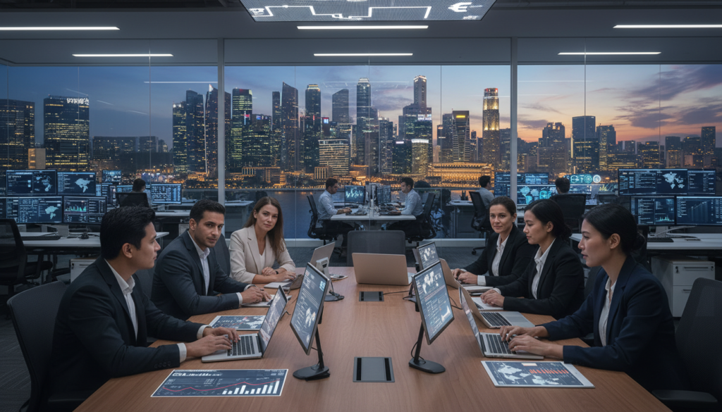 A modern office setting depicting banking and payments operations for a remote-first holding company. In the foreground, a diverse group of professionals in smart business attire, collaborating around a sleek conference table with laptops and digital devices displaying multi-currency dashboards and payment systems. In the middle, an open workspace with glass partitions, showcasing employees engaging with digital interfaces on large screens showing financial data and global currency symbols. The background features a panoramic view of Singapore's skyline, illuminated by bright city lights during twilight. Soft, warm lighting creates a professional yet inviting atmosphere, emphasizing productivity and innovation. The image is photorealistic, with a dynamic angle capturing the sense of collaboration and a forward-thinking approach to finance. A modern office setting depicting banking and payments operations for a remote-first holding company. In the foreground, a diverse group of professionals in smart business attire, collaborating around a sleek conference table with laptops and digital devices displaying multi-currency dashboards and payment systems. In the middle, an open workspace with glass partitions, showcasing employees engaging with digital interfaces on large screens showing financial data and global currency symbols. The background features a panoramic view of Singapore's skyline, illuminated by bright city lights during twilight. Soft, warm lighting creates a professional yet inviting atmosphere, emphasizing productivity and innovation. The image is photorealistic, with a dynamic angle capturing the sense of collaboration and a forward-thinking approach to finance.