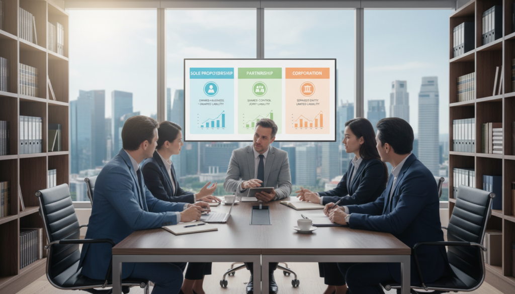 A modern office setting illuminated by soft, natural sunlight filtering through large windows. In the foreground, a sleek conference table is surrounded by professionals in smart business attire, engaged in discussion about various business structures, such as sole proprietorships, partnerships, and corporations. In the middle ground, a large digital screen displays a colorful infographic illustrating the differences between these structures. The background features bookshelves filled with law books and a city view showcasing Singapore's skyline, symbolizing the thriving business environment. The scene conveys a mood of professionalism and focus, with a sharp depth of field emphasizing the table and participants while creating a slightly blurred urban backdrop for added depth.