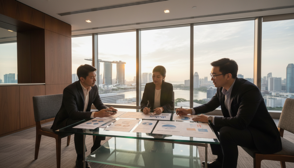 A modern office setting in Singapore, featuring a diverse group of three business professionals in smart casual attire, engaged in a discussion. In the foreground, a multi-layered table is covered with documents and diagrams illustrating different business entity structures like sole proprietorship, partnership, and private limited company. In the middle ground, a large window offers a panoramic view of Singapore's skyline, with iconic skyscrapers and the Marina Bay Sands visible. Soft ambient lighting casts a warm and inviting atmosphere, with a focus on professionalism and collaboration. The scene conveys a sense of clarity and focus, highlighting the importance of choosing the right legal entity for startups in Singapore. The image should be photorealistic, capturing the intricate details of the office environment. A modern office setting in Singapore, featuring a diverse group of three business professionals in smart casual attire, engaged in a discussion. In the foreground, a multi-layered table is covered with documents and diagrams illustrating different business entity structures like sole proprietorship, partnership, and private limited company. In the middle ground, a large window offers a panoramic view of Singapore's skyline, with iconic skyscrapers and the Marina Bay Sands visible. Soft ambient lighting casts a warm and inviting atmosphere, with a focus on professionalism and collaboration. The scene conveys a sense of clarity and focus, highlighting the importance of choosing the right legal entity for startups in Singapore. The image should be photorealistic, capturing the intricate details of the office environment.