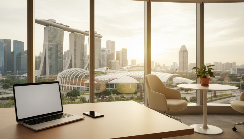 A modern office setting in Singapore showcasing a sleek virtual office environment. In the foreground, a stylish wooden desk with a laptop and a smartphone, symbolizing remote work. In the middle ground, a bright, minimalistic office space with contemporary furniture, including a comfortable chair and a small plant, adding a touch of greenery. The background features large windows with a panoramic view of iconic Singapore skyscrapers, bathed in natural sunlight, enhancing the feeling of a vibrant urban atmosphere. The lighting is warm and inviting, creating a professional yet welcoming mood. The image is photorealistic, captured from an angle that emphasizes both the workspace and the cityscape outside. No people are present, focusing solely on the elegant office setup. A modern office setting in Singapore showcasing a sleek virtual office environment. In the foreground, a stylish wooden desk with a laptop and a smartphone, symbolizing remote work. In the middle ground, a bright, minimalistic office space with contemporary furniture, including a comfortable chair and a small plant, adding a touch of greenery. The background features large windows with a panoramic view of iconic Singapore skyscrapers, bathed in natural sunlight, enhancing the feeling of a vibrant urban atmosphere. The lighting is warm and inviting, creating a professional yet welcoming mood. The image is photorealistic, captured from an angle that emphasizes both the workspace and the cityscape outside. No people are present, focusing solely on the elegant office setup.