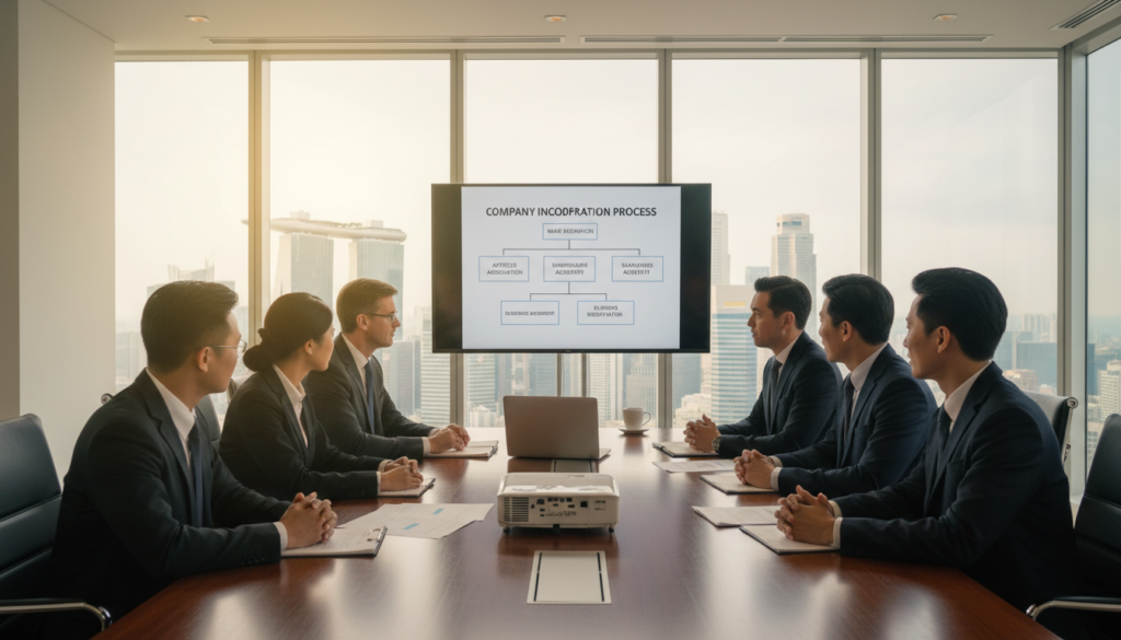 A modern office setting that conveys the theme of company incorporation. In the foreground, a diverse group of business professionals, including men and women of various ethnicities, are engaged in discussion around a sleek conference table. They are dressed in professional business attire, including suits and blouses, exuding a sense of focus and determination. The middle ground showcases documents, a laptop, and a projector displaying a flowchart of the incorporation process. In the background, large windows allow natural light to flood the space, revealing a vibrant city skyline of Singapore. The atmosphere is one of collaboration and professionalism, with a warm, inviting glow enhancing the scene. The lens captures the image in sharp detail, emphasizing the professionalism and clarity of purpose in this crucial step of business setup.