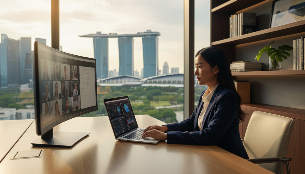 A modern office workspace showcasing a remote management scene in Singapore. In the foreground, a professional Asian woman in business attire sits at a sleek desk, focused on a laptop with graphs and data displayed on the screen. In the middle ground, a large cityscape window reveals iconic Singapore architecture, with the Marina Bay Sands and greenery visible. Soft natural light streams through the window, creating a warm and inviting atmosphere. In the background, shelves with business books and a small indoor plant add to the contemporary office vibe. The mood is one of productivity and innovation, capturing the essence of remote operations in a dynamic urban environment. Photorealistic rendering with a slight depth of field to emphasize the foreground subject. A modern office workspace showcasing a remote management scene in Singapore. In the foreground, a professional Asian woman in business attire sits at a sleek desk, focused on a laptop with graphs and data displayed on the screen. In the middle ground, a large cityscape window reveals iconic Singapore architecture, with the Marina Bay Sands and greenery visible. Soft natural light streams through the window, creating a warm and inviting atmosphere. In the background, shelves with business books and a small indoor plant add to the contemporary office vibe. The mood is one of productivity and innovation, capturing the essence of remote operations in a dynamic urban environment. Photorealistic rendering with a slight depth of field to emphasize the foreground subject.