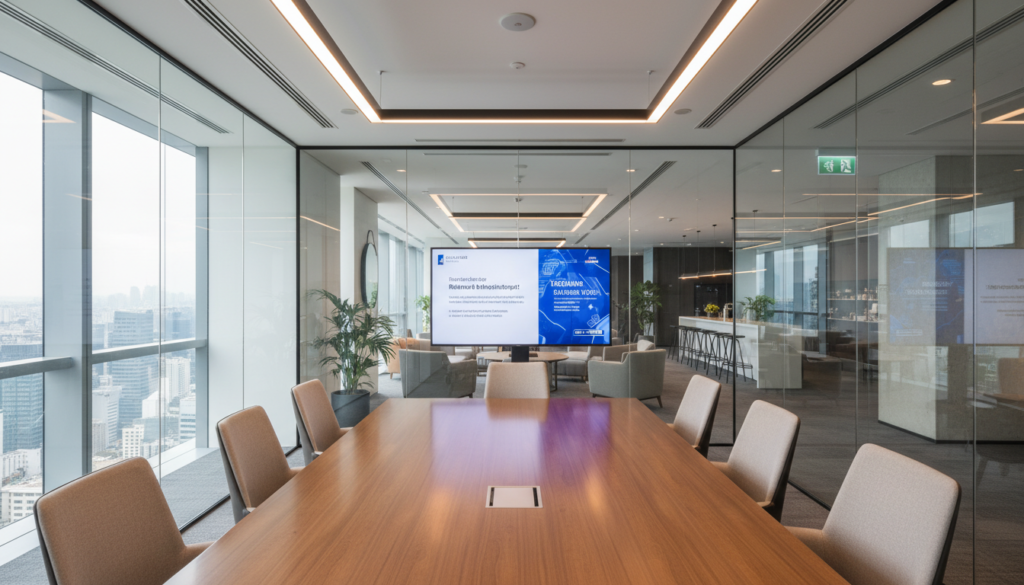 A modern, photorealistic meeting room set up in a sleek virtual office environment in Singapore. In the foreground, a large polished wooden conference table is surrounded by ergonomic, stylish chairs, each with a subtle-business feel. Transparent glass walls showcase a vibrant skyline view, bringing in natural light that casts soft shadows. Bright LED lights illuminate the room, creating a warm yet professional atmosphere. In the middle ground, a large screen displays presentation slides, showcasing the latest business technology. A few potted plants add a touch of greenery. In the background, a spacious lounge area features comfortable seating and a coffee station. The overall scene conveys accessibility and professionalism, emphasizing the concept of on-demand meeting spaces.
