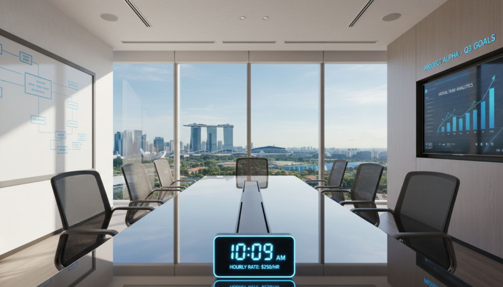 A modern, sleek meeting room in a virtual office setting, showcasing a polished glass table surrounded by ergonomic chairs. In the foreground, a digital clock displays the current time, emphasizing hourly rate details. The middle ground features a large window with a view of Singapore's skyline, bathed in natural light that creates a bright and welcoming atmosphere. The background includes minimalist decor, with a whiteboard and digital display. Utilize a wide-angle lens to capture the spaciousness of the room, highlighting the balance of professionalism and comfort. Soft shadows and reflections on the glass surface add depth to the image, conveying an inviting workspace perfect for meetings. The overall mood is focused, efficient, and conducive to collaboration. A modern, sleek meeting room in a virtual office setting, showcasing a polished glass table surrounded by ergonomic chairs. In the foreground, a digital clock displays the current time, emphasizing hourly rate details. The middle ground features a large window with a view of Singapore's skyline, bathed in natural light that creates a bright and welcoming atmosphere. The background includes minimalist decor, with a whiteboard and digital display. Utilize a wide-angle lens to capture the spaciousness of the room, highlighting the balance of professionalism and comfort. Soft shadows and reflections on the glass surface add depth to the image, conveying an inviting workspace perfect for meetings. The overall mood is focused, efficient, and conducive to collaboration.