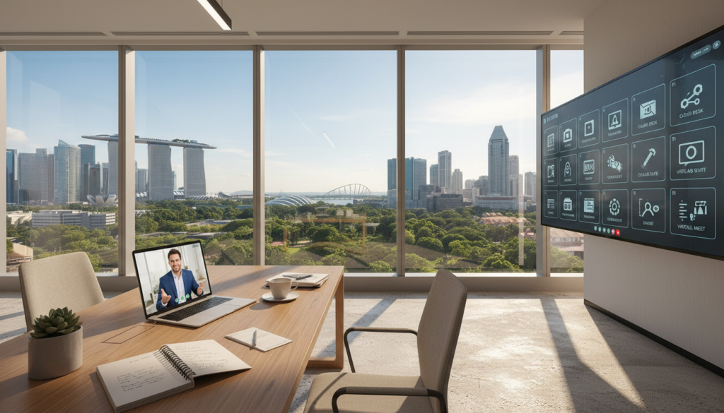 A modern virtual office scene in Singapore, highlighting a sleek, well-organized workspace. In the foreground, a stylish desk with a laptop, notebooks, and a coffee cup, conveying an atmosphere of productivity. The middle ground features a large window with a view of the iconic Singapore skyline, showcasing skyscrapers and greenery. Natural light streams in, casting soft shadows across the room. In the background, a digital display board showcases various virtual office tools and services, emphasizing technology. A professional individual in business attire is engaged in a video call, exuding a collaborative and dynamic energy. The overall mood is bright, innovative, and inspiring, capturing the essence of modern business practices in a virtual setting. Photorealistic style, captured with a wide-angle lens for depth. A modern virtual office scene in Singapore, highlighting a sleek, well-organized workspace. In the foreground, a stylish desk with a laptop, notebooks, and a coffee cup, conveying an atmosphere of productivity. The middle ground features a large window with a view of the iconic Singapore skyline, showcasing skyscrapers and greenery. Natural light streams in, casting soft shadows across the room. In the background, a digital display board showcases various virtual office tools and services, emphasizing technology. A professional individual in business attire is engaged in a video call, exuding a collaborative and dynamic energy. The overall mood is bright, innovative, and inspiring, capturing the essence of modern business practices in a virtual setting. Photorealistic style, captured with a wide-angle lens for depth.