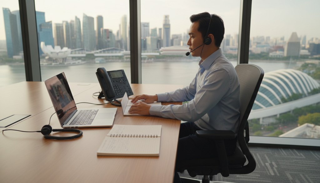 A modern virtual office space in Singapore, showcasing a clean and organized workspace. In the foreground, a sleek desk with a laptop, a notepad, and a dedicated phone system, symbolizing professional communication. The middle ground features a well-dressed business person engaged in a video call, wearing smart casual attire, exuding professionalism and focus. The background displays large windows with a view of the Singapore skyline, bathed in warm natural light, enhancing a sense of productivity and inspiration. The atmosphere is vibrant yet tranquil, emphasizing the benefits of a professional virtual office, offering a blend of comfort and efficiency in a modern setting. Photorealistic, with a soft bokeh effect to highlight foreground elements, captured from a slightly angled perspective.