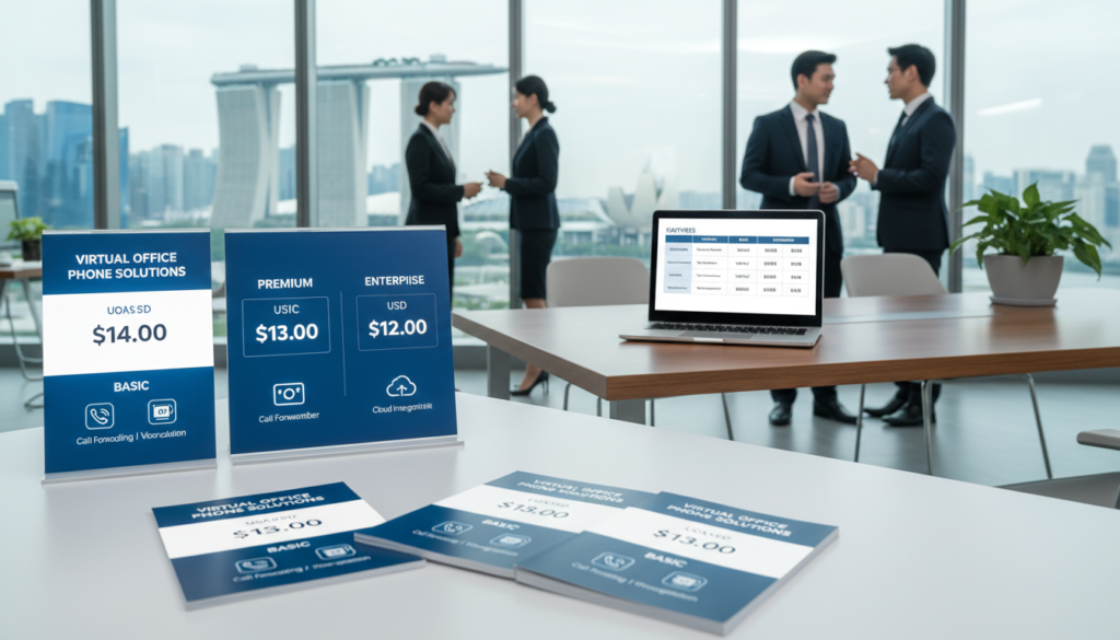 A modern workspace displaying various pricing packages for virtual office services, focusing on dedicated phone number solutions. In the foreground, elegantly arranged brochures and digital displays showcase different pricing tiers with icons representing features like call forwarding and voicemail. In the middle ground, a sleek desk with a laptop open, showing a pricing comparison chart, reflects a professional yet inviting environment. The background features a large window with a view of the Singapore skyline, bright natural light illuminating the space, enhancing the cheerful atmosphere. Professional individuals in business attire can be seen engaging in discussions, suggesting a collaborative mood. The overall composition is photorealistic, with a soft focus on the background to emphasize the packages in the foreground.
