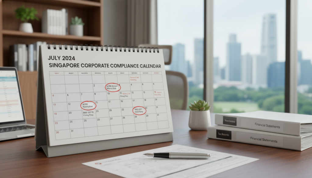 A photorealistic compliance calendar designed for a business context, prominently displaying the months, deadlines, and key compliance regulations related to ACRA and IRAS. In the foreground, showcase a sleek desk with a high-quality calendar opened to the current month, detailed with marked compliance deadlines. Include modern office items like a laptop, a sleek pen, and corporate documents neatly arranged. In the middle ground, visualize a softly lit office environment with a blurred view of a well-organized bookshelf and potted plants, creating a professional atmosphere. The background should subtly depict a bright city skyline through a large window, suggesting Singapore's business landscape. Use soft, natural lighting to convey a calm and focused mood.