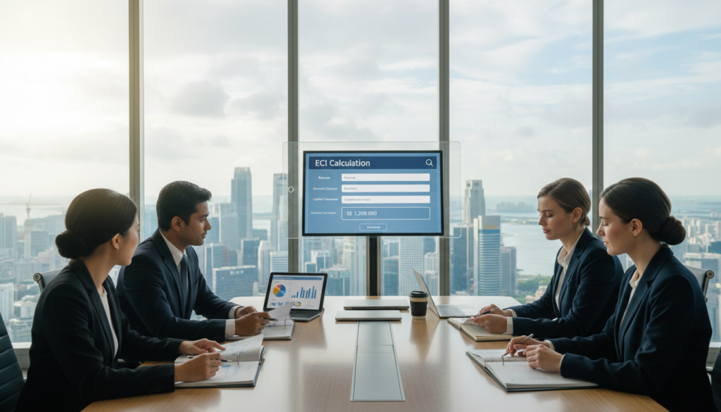A photorealistic composition depicting an office environment focused on "Estimated Chargeable Income (ECI)" for Singapore businesses. In the foreground, a diverse group of professionals, dressed in smart business attire, are gathered around a modern conference table, discussing financial documents with charts and graphs. The middle layer shows a large digital screen displaying an interactive ECI calculation tool filled with data, surrounded by notebooks and laptops. The background features a glass window showcasing a city skyline, signifying a busy financial district. Soft, natural lighting illuminates the room, creating a productive and focused atmosphere. The overall mood conveys professionalism and collaboration, with attention to detail emphasizing the importance of tax compliance in Singapore's business landscape. A photorealistic composition depicting an office environment focused on "Estimated Chargeable Income (ECI)" for Singapore businesses. In the foreground, a diverse group of professionals, dressed in smart business attire, are gathered around a modern conference table, discussing financial documents with charts and graphs. The middle layer shows a large digital screen displaying an interactive ECI calculation tool filled with data, surrounded by notebooks and laptops. The background features a glass window showcasing a city skyline, signifying a busy financial district. Soft, natural lighting illuminates the room, creating a productive and focused atmosphere. The overall mood conveys professionalism and collaboration, with attention to detail emphasizing the importance of tax compliance in Singapore's business landscape.