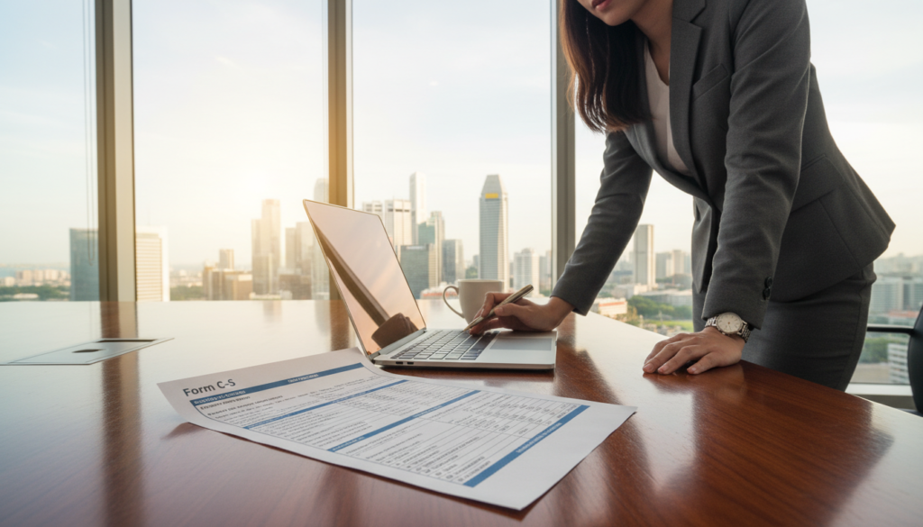 A photorealistic depiction of Form C-S, an official tax form, prominently displayed in the foreground on a sleek, modern wooden desk. The form has clearly visible table sections and columns that exemplify financial data. In the middle ground, a professional businesswoman wearing a neatly tailored suit is reviewing the form, with a laptop and a cup of coffee beside her. In the background, a well-lit office environment with glass windows showcases a view of Singapore's skyline, lit by soft daylight. The mood is focused and organized, ideal for a business setting. The lighting is warm and inviting, enhancing the professional atmosphere, while the angle is slightly elevated to capture both the form and the individual efficiently. A photorealistic depiction of Form C-S, an official tax form, prominently displayed in the foreground on a sleek, modern wooden desk. The form has clearly visible table sections and columns that exemplify financial data. In the middle ground, a professional businesswoman wearing a neatly tailored suit is reviewing the form, with a laptop and a cup of coffee beside her. In the background, a well-lit office environment with glass windows showcases a view of Singapore's skyline, lit by soft daylight. The mood is focused and organized, ideal for a business setting. The lighting is warm and inviting, enhancing the professional atmosphere, while the angle is slightly elevated to capture both the form and the individual efficiently.