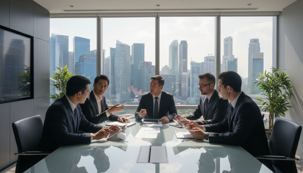 A photorealistic depiction of a bustling financial services environment in Singapore, showcasing the city's iconic skyline with modern skyscrapers in the background. In the foreground, diverse business professionals in professional business attire are engaged in discussions, analyzing data on digital tablets, and reviewing documents at a sleek conference table. The atmosphere is dynamic and collaborative, illuminated by natural sunlight streaming through large glass windows. Subtle reflections of the cityscape can be seen on the glass surfaces, adding depth to the scene. The overall mood is one of innovation and dedication, emphasizing a high-energy corporate culture that thrives in the realm of risk management and financial services.