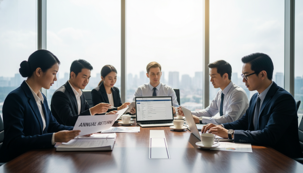 A photorealistic depiction of a corporate office setting focused on the annual return filing process, featuring a diverse group of professionals in sleek business attire, gathered around a large conference table. In the foreground, a woman carefully reviews a stack of documents labeled 'Annual Return' while a man points at a laptop displaying the ACRA BizFile+ interface. The middle ground showcases additional team members engaged in discussions, with files and laptops open, representing collaboration. In the background, large windows allow natural light to stream in, illuminating the space and giving a sense of professionalism and urgency. The atmosphere is one of diligence and focus, emphasizing the importance of timely tax filing. A photorealistic depiction of a corporate office setting focused on the annual return filing process, featuring a diverse group of professionals in sleek business attire, gathered around a large conference table. In the foreground, a woman carefully reviews a stack of documents labeled 'Annual Return' while a man points at a laptop displaying the ACRA BizFile+ interface. The middle ground showcases additional team members engaged in discussions, with files and laptops open, representing collaboration. In the background, large windows allow natural light to stream in, illuminating the space and giving a sense of professionalism and urgency. The atmosphere is one of diligence and focus, emphasizing the importance of timely tax filing.