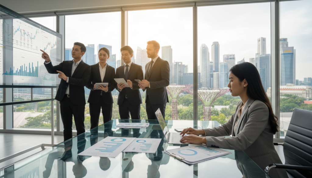 A photorealistic depiction of a modern office space in Singapore, featuring diverse business professionals in formal attire engaged in remote financial reporting. In the foreground, a Malay woman analyzing data on a laptop, with financial reports spread across a sleek glass table. In the middle ground, a group of Asian and Caucasian men and women discussing over digital tablets and financial graphs displayed on screens. The background showcases the vibrant city skyline of Singapore through large windows, emphasizing a blend of contemporary architecture and lush greenery. Soft, natural light illuminates the space, creating a productive and professional atmosphere, while ensuring a focus on collaboration and innovation in remote financial reporting. A photorealistic depiction of a modern office space in Singapore, featuring diverse business professionals in formal attire engaged in remote financial reporting. In the foreground, a Malay woman analyzing data on a laptop, with financial reports spread across a sleek glass table. In the middle ground, a group of Asian and Caucasian men and women discussing over digital tablets and financial graphs displayed on screens. The background showcases the vibrant city skyline of Singapore through large windows, emphasizing a blend of contemporary architecture and lush greenery. Soft, natural light illuminates the space, creating a productive and professional atmosphere, while ensuring a focus on collaboration and innovation in remote financial reporting.