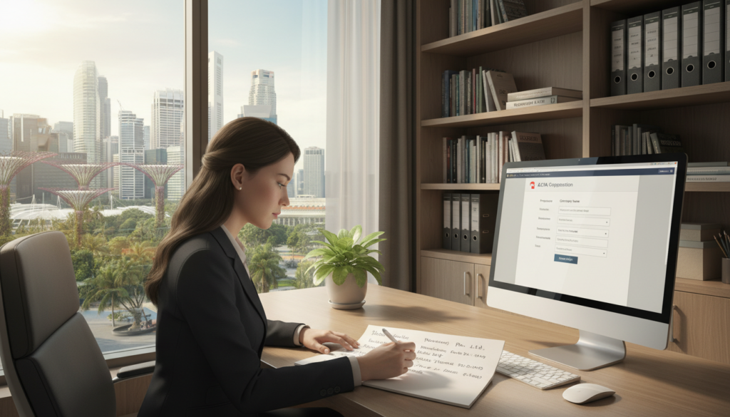 A photorealistic depiction of a professional office environment in Singapore, focused on a sleek, modern desk with a computer displaying the ACRA registration interface. In the foreground, a businessperson in formal attire attentively reviews company name options on a notepad, surrounded by notes on SSIC codes. The middle ground features a large window with a view of Singapore's iconic skyline, filled with skyscrapers and greenery, casting natural light across the scene. In the background, a bookshelf is neatly organized with reference materials on Singapore incorporation. The mood is focused and professional, evoking a sense of ambition and clarity in a modern business setting.