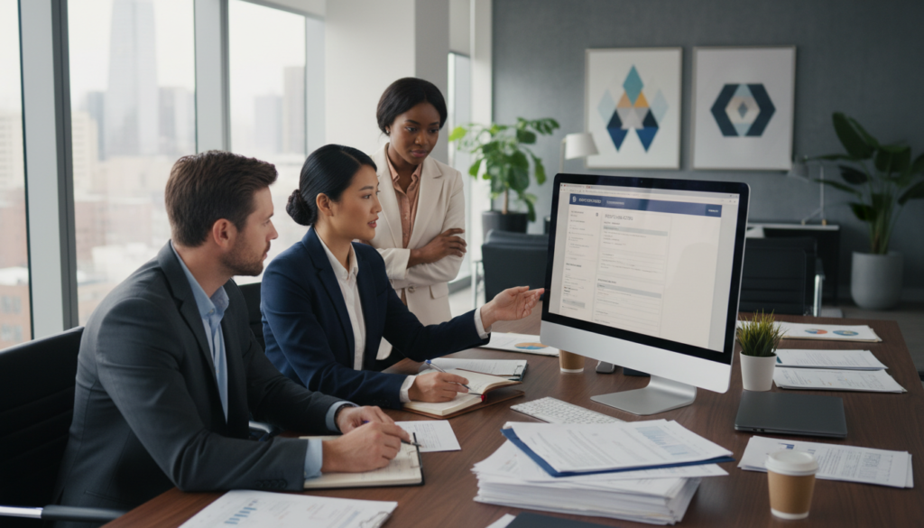 A photorealistic depiction of a professional office environment showcasing a diverse team of three business professionals engaged in a collaborative discussion about tax filing submissions. In the foreground, a focused Asian woman in a smart suit points at a computer screen displaying a digital filing platform. Beside her, a Caucasian man in a tailored suit takes notes, while a Black woman in a blazer observes thoughtfully. The middle ground features a large conference table cluttered with tax documents and laptops, illuminated by soft, natural light from large windows. In the background, a modern office setting with abstract artwork and potted plants enhances the professional atmosphere. The overall mood is one of diligence and teamwork, highlighting the importance of post-filing actions and regulatory compliance. A photorealistic depiction of a professional office environment showcasing a diverse team of three business professionals engaged in a collaborative discussion about tax filing submissions. In the foreground, a focused Asian woman in a smart suit points at a computer screen displaying a digital filing platform. Beside her, a Caucasian man in a tailored suit takes notes, while a Black woman in a blazer observes thoughtfully. The middle ground features a large conference table cluttered with tax documents and laptops, illuminated by soft, natural light from large windows. In the background, a modern office setting with abstract artwork and potted plants enhances the professional atmosphere. The overall mood is one of diligence and teamwork, highlighting the importance of post-filing actions and regulatory compliance.