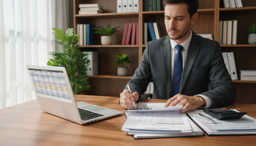A photorealistic depiction of a professional workspace focused on financial statements. In the foreground, an open laptop displays detailed financial spreadsheets alongside printed financial documents, including balance sheets and income statements. A sleek calculator and a pen rest beside the papers. In the middle ground, a well-dressed business professional, in a suit and tie, is reviewing these documents with a focused expression. The background features shelves lined with accounting books and potted plants, creating a calm and organized atmosphere. Soft, natural lighting streams in from a nearby window, casting gentle shadows, enhancing the professional mood. The angle is slightly elevated, offering a comprehensive view of the workspace without any text or distractions. A photorealistic depiction of a professional workspace focused on financial statements. In the foreground, an open laptop displays detailed financial spreadsheets alongside printed financial documents, including balance sheets and income statements. A sleek calculator and a pen rest beside the papers. In the middle ground, a well-dressed business professional, in a suit and tie, is reviewing these documents with a focused expression. The background features shelves lined with accounting books and potted plants, creating a calm and organized atmosphere. Soft, natural lighting streams in from a nearby window, casting gentle shadows, enhancing the professional mood. The angle is slightly elevated, offering a comprehensive view of the workspace without any text or distractions.