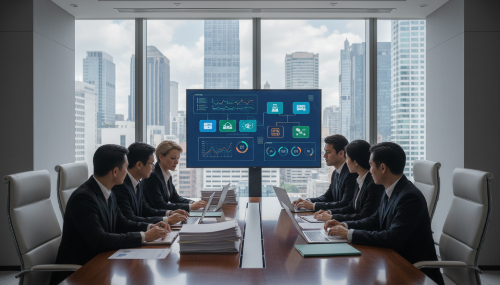 A photorealistic depiction of a sleek, modern office conference room focused on AML/CFT compliance in business banking. In the foreground, a diverse group of professionals in formal business attire is gathered around a polished wooden table with documents and financial reports laid out. In the middle, a digital screen displays intricate compliance charts and infographics related to anti-money laundering and countering the financing of terrorism. The background features a large window with a city skyline, casting soft natural light into the room, creating a productive atmosphere. The ambiance should feel serious yet optimistic, reflecting the importance of financial regulations for business success. The image should be devoid of any text or branding elements.