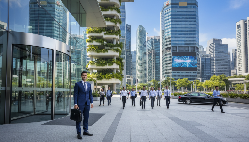 A photorealistic depiction of an iconic business address in Singapore. In the foreground, the entrance of a modern skyscraper features sleek glass doors and polished stone tiles, with a well-dressed professional in business attire standing confidently, holding a briefcase. The middle ground showcases the bustling urban environment, with a diverse group of professionals walking by and a luxury car parked nearby. In the background, a clear blue sky complements the tall skyscrapers with distinct architecture, featuring green terraces and digital screens. The scene is bathed in bright, natural sunlight, casting soft shadows and creating a vibrant yet serene atmosphere, reflecting the energy of a thriving business district.