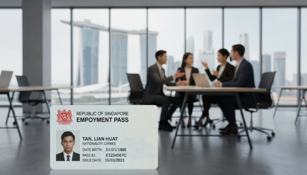 A photorealistic employment pass document prominently displayed in the foreground, showcasing detailed elements such as the Singaporean emblem, and personal details like photo ID and name printed clearly. In the middle ground, subtly blurred images of diverse professionals in business attire engaged in discussions about company setup, symbolizing foreign entrepreneurs. In the background, a well-lit modern office setting with glass windows revealing the Singapore skyline, infused with a sense of ambition and opportunity. Soft, diffused lighting creates a professional ambiance, while a slight depth of field enhances focus on the employment pass itself. The overall mood conveys professionalism, aspiration, and the journey of establishing a business in Singapore.