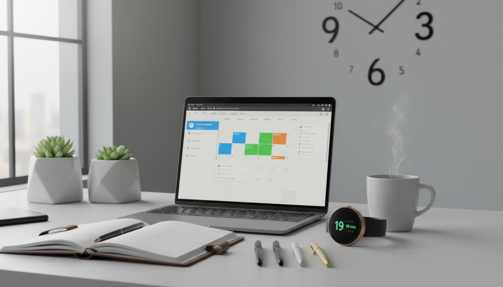 A photorealistic image depicting a close-up of a modern office workspace focused on calendar management and timeliness. In the foreground, a sleek digital calendar displayed on a laptop screen, with colorful, organized events and reminders. A stylish smartwatch lies next to the laptop, showing a notification alert. In the middle, a cup of coffee steams next to a neatly arranged planner and a set of precision pens, symbolizing productivity. The background features a wall clock and subtle greenery, enhancing the ambiance. Soft, diffused natural lighting enters through a nearby window, creating a calm and efficient atmosphere. The scene conveys a sense of focus, professionalism, and the importance of timely financial operations management. A photorealistic image depicting a close-up of a modern office workspace focused on calendar management and timeliness. In the foreground, a sleek digital calendar displayed on a laptop screen, with colorful, organized events and reminders. A stylish smartwatch lies next to the laptop, showing a notification alert. In the middle, a cup of coffee steams next to a neatly arranged planner and a set of precision pens, symbolizing productivity. The background features a wall clock and subtle greenery, enhancing the ambiance. Soft, diffused natural lighting enters through a nearby window, creating a calm and efficient atmosphere. The scene conveys a sense of focus, professionalism, and the importance of timely financial operations management.