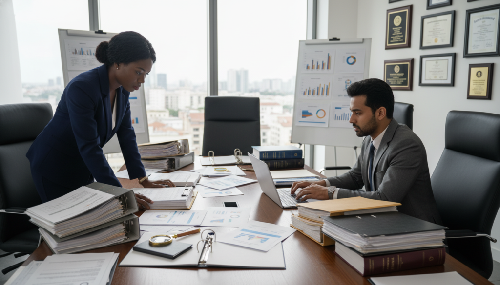 A photorealistic image depicting a financial investigation in an office setting. In the foreground, a diverse group of professionals in business attire, including a woman examining documents and a man analyzing a laptop, surrounded by charts and compliance reports. The middle layer features a large table cluttered with folders and financial statements, with a magnifying glass and legal books. In the background, a wall adorned with framed awards and certificates reflects a corporate environment, emphasizing authority and professionalism. The lighting is bright but soft, with natural light coming from a nearby window, creating a clear and focused atmosphere that conveys diligence and scrutiny in managing regulatory risk.