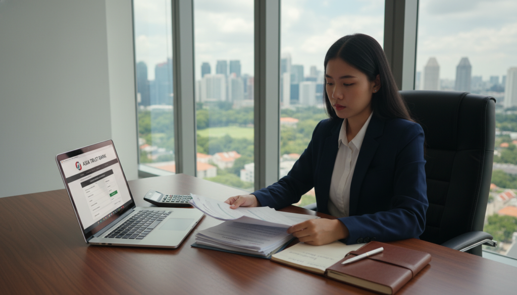 A photorealistic image depicting a modern office interior, emphasizing a business bank account setup. In the foreground, a professional-looking businessperson in formal attire, male or female, is seated at a sleek wooden desk, reviewing documents related to banking procedures. The middle ground shows a laptop displaying banking software and a neatly organized workspace with a financial calculator, notepad, and a pen. In the background, a large window allows natural light to flood the room, casting soft shadows and creating a productive atmosphere. The overall mood is focused and determined, symbolizing the crucial steps in managing finances after registering a company in Singapore.