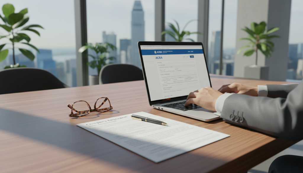 A photorealistic image depicting a professional workspace focused on company registration in Singapore. In the foreground, a sleek wooden desk is filled with a neatly organized registration form, a laptop displaying Singapore's ACRA website, and a pair of reading glasses. A blurred pen rests near the form, suggesting an ongoing process. The middle ground features an open laptop with a bright screen showing a digital form being filled out, with a close-up of a hand in formal attire typing. The background reveals a well-lit office environment, with potted plants, a cityscape visible through large windows, and soft natural light casting gentle shadows. The atmosphere is focused and professional, underscoring the importance of accuracy in completing official documents.