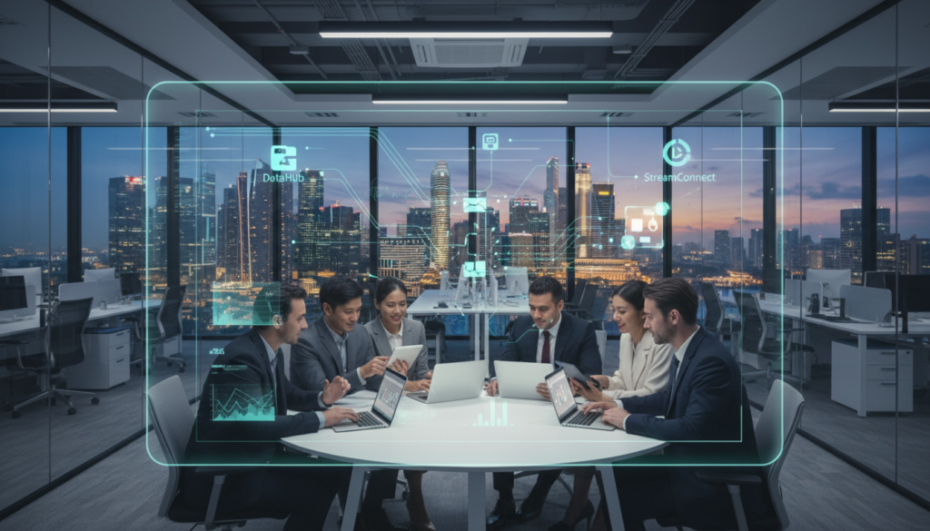 A photorealistic image depicting a sophisticated integration system for data sources in a modern business environment. In the foreground, a sleek, transparent digital interface displays various data streams and software icons, symbolizing integration. The middle ground features a diverse team of professionals in smart business attire, engaged in collaborative discussions over digital tablets and laptops, showcasing synergy. In the background, a high-tech office with large glass windows reveals a bustling Singapore skyline, illuminated by soft, ambient lighting. The atmosphere conveys a sense of innovation and efficiency, reflecting the dynamic nature of real-time reporting tools. Use a wide-angle lens to capture the depth and details of this modern workspace, ensuring the image is vibrant and engaging.