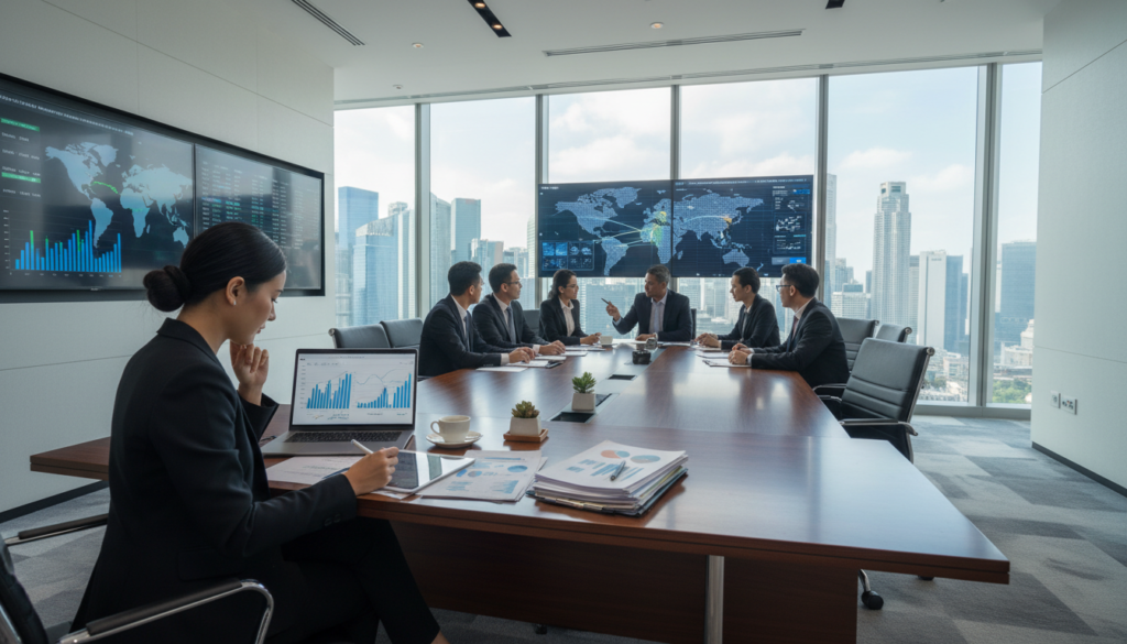 A photorealistic image depicting an elegant office environment symbolizing "tax income sourcing." In the foreground, a focused businesswoman in professional attire analyzes documents at a sleek desk, surrounded by financial reports and a laptop displaying graphs. In the middle ground, a sophisticated conference table features diverse professionals engaged in a discussion, with digital displays showing maps and tax data. The background reveals a panoramic window showcasing Singapore's skyline, infused with natural light that creates a bright, productive atmosphere. The image conveys a serious, professional mood as it illustrates key considerations in offshore management and control for businesses. A photorealistic image depicting an elegant office environment symbolizing "tax income sourcing." In the foreground, a focused businesswoman in professional attire analyzes documents at a sleek desk, surrounded by financial reports and a laptop displaying graphs. In the middle ground, a sophisticated conference table features diverse professionals engaged in a discussion, with digital displays showing maps and tax data. The background reveals a panoramic window showcasing Singapore's skyline, infused with natural light that creates a bright, productive atmosphere. The image conveys a serious, professional mood as it illustrates key considerations in offshore management and control for businesses.