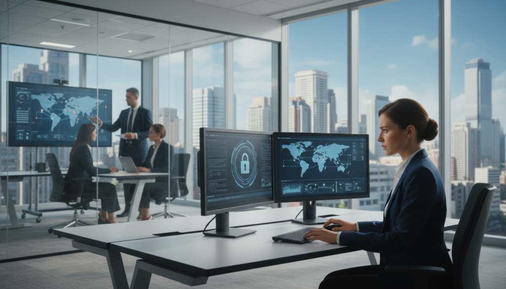 A photorealistic image depicting secure resource access in a corporate setting. In the foreground, a professional woman in business attire is focused on two monitors displaying data encryption and VPN connections, her expression serious and engaged. In the middle ground, a sleek modern office with a glass conference room features colleagues collaborating over technology, showcasing teamwork in remote risk management. The background reveals a city skyline through large windows, under a clear blue sky, symbolizing connectivity and progress. Soft, natural lighting filters into the room, creating a productive yet inviting atmosphere. The overall mood conveys trust, professionalism, and a commitment to security in resource access.