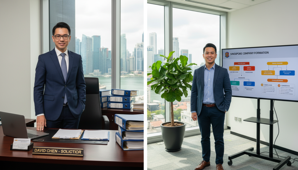 A photorealistic image illustrating a side-by-side comparison of a Singapore company registration lawyer and a service provider. In the foreground, on the left, a well-dressed lawyer in a tailored suit, with glasses and a confident expression, stands beside a desk cluttered with legal documents and a laptop. On the right, a service provider in smart casual attire, with a friendly demeanor, is standing next to a modern presentation board displaying infographics about company formation services. The middle ground features a sleek office environment, showcasing elements like a potted plant, large windows with natural light streaming in, and a glimpse of the Singapore skyline. The atmosphere is professional, balanced, and informative, capturing the essence of both roles in the company registration process.