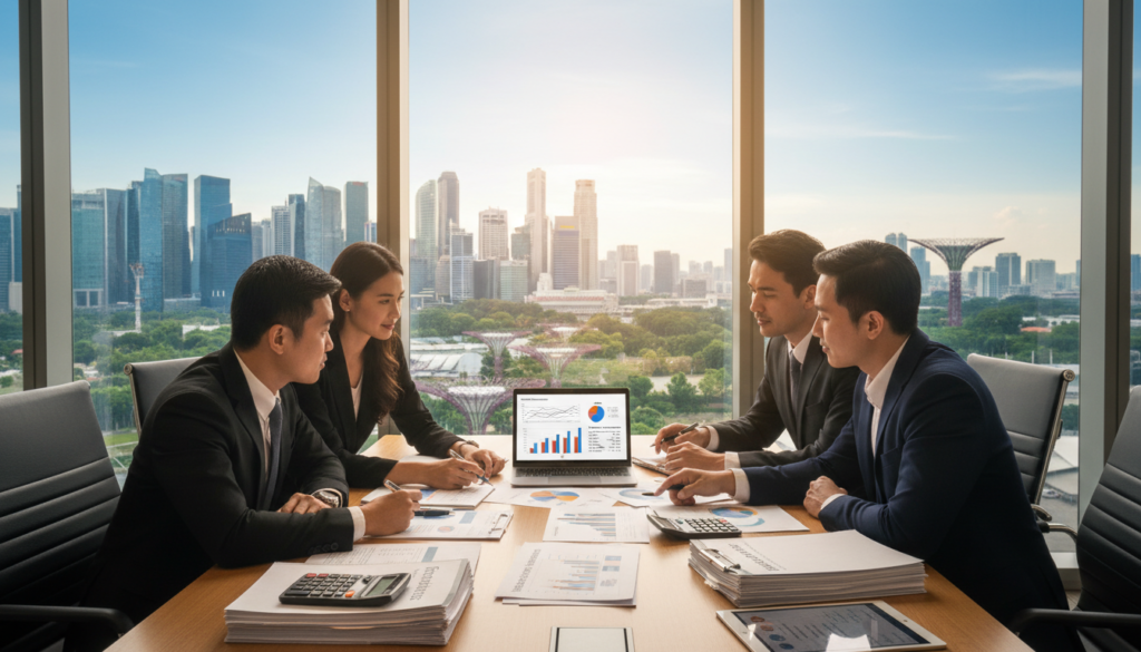 A photorealistic image illustrating the concept of "costs and services" in a modern office setting. In the foreground, a diverse group of four professionals—two men in suits and two women in business attire—are engaged in a discussion, examining documents and a laptop displaying graphs and charts. In the middle, a wooden conference table is cluttered with files, calculators, and incorporation package brochures, contrasting with a digital tablet showing government fees. In the background, large windows reveal a vibrant cityscape of Singapore, with iconic skyscrapers and greenery. Soft, natural sunlight bathes the scene, creating a productive and collaborative atmosphere, emphasizing the importance of informed decisions in business incorporation.