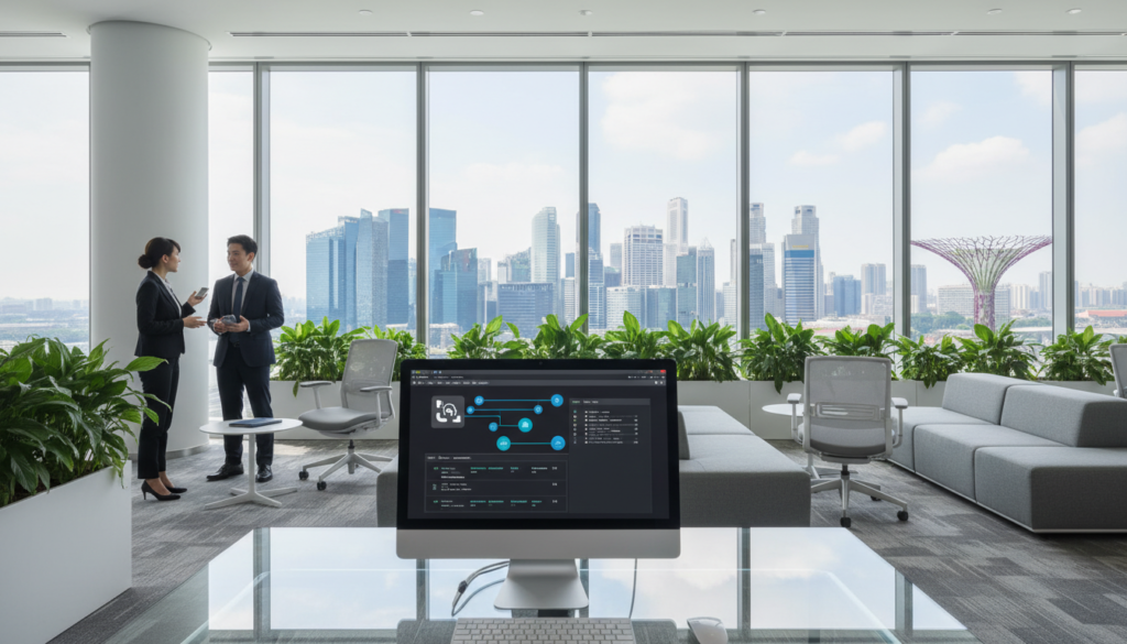 A photorealistic image of a modern virtual office in Singapore, showcasing sleek design elements and advanced technology. In the foreground, a glass desk with a high-end computer setup, featuring call forwarding software on the screen. Professional individuals in business attire are engaged in discussions, one holding a smartphone, symbolizing efficient communication. The middle ground presents a contemporary open office layout with greenery and stylish furniture. The backdrop reveals iconic Singapore landmarks through large windows, emphasizing the cityscape. Soft, natural lighting fills the space, creating a productive and inviting atmosphere. The camera angle is slightly elevated, offering a comprehensive view of the workspace, highlighting innovation and professionalism. A photorealistic image of a modern virtual office in Singapore, showcasing sleek design elements and advanced technology. In the foreground, a glass desk with a high-end computer setup, featuring call forwarding software on the screen. Professional individuals in business attire are engaged in discussions, one holding a smartphone, symbolizing efficient communication. The middle ground presents a contemporary open office layout with greenery and stylish furniture. The backdrop reveals iconic Singapore landmarks through large windows, emphasizing the cityscape. Soft, natural lighting fills the space, creating a productive and inviting atmosphere. The camera angle is slightly elevated, offering a comprehensive view of the workspace, highlighting innovation and professionalism.