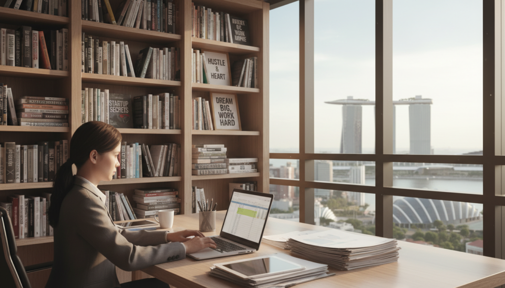 A photorealistic image of a sole proprietorship setup, featuring a professional-looking office space. In the foreground, a well-dressed individual sits at a modern wooden desk, engaged in work with a laptop open and various business documents neatly organized. The middle ground showcases shelves filled with business books and motivational posters about entrepreneurship. In the background, a large window allows bright, natural light to flood the room, revealing a cityscape of Singapore with iconic buildings. The atmosphere is focused and inspiring, symbolizing ambition and professionalism. Use soft lighting to create a warm, inviting mood, and capture the shot at a slight angle to emphasize depth and perspective.
