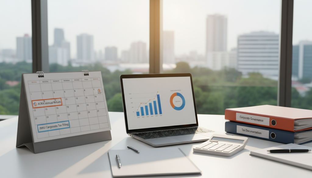 A photorealistic image of an annual statutory compliance calendar featuring an organized layout. In the foreground, a detailed desk calendar with well-defined dates and compliance deadlines, emphasizing ACRA and IRAS timelines. The middle layer includes a professional workspace, with a laptop displaying financial graphs, a calculator, and neatly stacked documents related to corporate compliance. The background showcases a serene office environment with large windows letting in natural light, casting soft shadows. The mood is focused and efficient, embodying a sense of professionalism and responsibility. Ideal lighting enhances the details of the calendar and workspace, suggesting a productive atmosphere. No text, watermarks, or signatures are present, ensuring clarity and emphasis on the compliance theme. A photorealistic image of an annual statutory compliance calendar featuring an organized layout. In the foreground, a detailed desk calendar with well-defined dates and compliance deadlines, emphasizing ACRA and IRAS timelines. The middle layer includes a professional workspace, with a laptop displaying financial graphs, a calculator, and neatly stacked documents related to corporate compliance. The background showcases a serene office environment with large windows letting in natural light, casting soft shadows. The mood is focused and efficient, embodying a sense of professionalism and responsibility. Ideal lighting enhances the details of the calendar and workspace, suggesting a productive atmosphere. No text, watermarks, or signatures are present, ensuring clarity and emphasis on the compliance theme.
