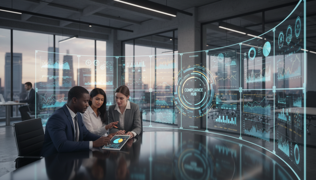 A photorealistic image showcasing a modern data systems environment. In the foreground, a diverse team of three professionals in business attire are engaged in a lively discussion around a sleek conference table, with a digital tablet displaying complex data visuals. The middle layer features high-tech screens filled with dynamic graphs, charts, and a stylized flow of data streams, symbolizing operational resilience and compliance execution. The background showcases an open office space with large windows, allowing natural light to flood the scene, and modern architecture that conveys innovation and reliability. The atmosphere is collaborative and forward-thinking, emphasizing the importance of data systems in banking compliance.