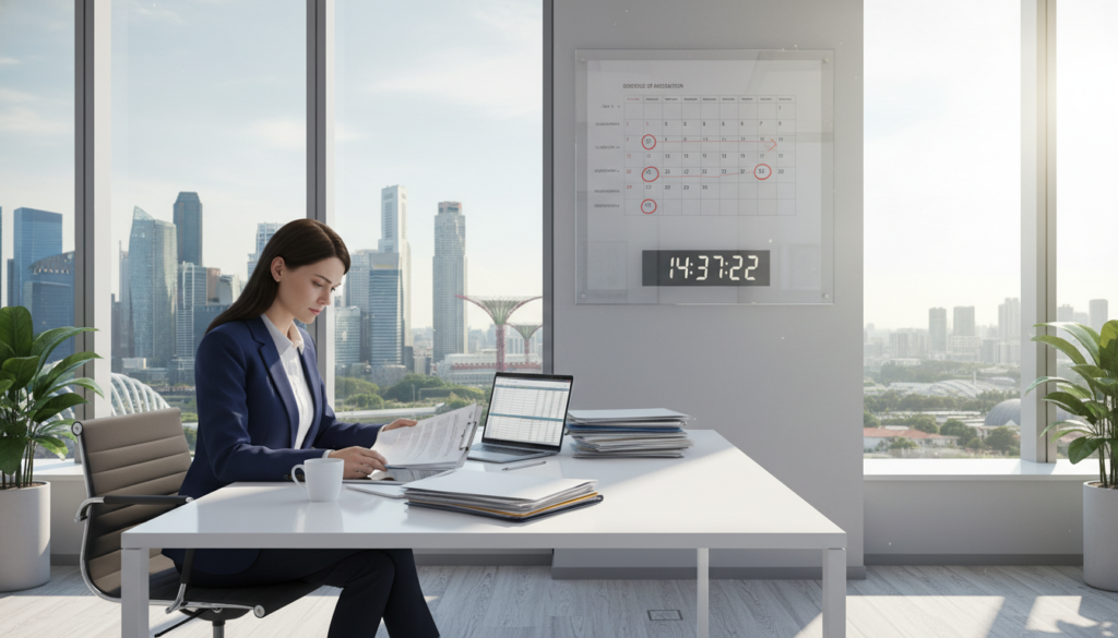 A photorealistic scene depicting a modern office environment focused on the theme of "incorporation time." In the foreground, a professional woman in business attire intently reviews documents on a sleek desk, representing the tasks involved in company incorporation. In the middle ground, a calendar on the wall shows a timeline with noticeable dates circled, symbolizing incorporation processes and potential delays. The background reveals a city skyline through large windows, showcasing Singapore's iconic architecture, with a blend of natural light flooding the space, creating a productive atmosphere. The overall mood is one of focus and urgency, emphasizing the importance of timely incorporation while maintaining a professional and orderly setting.